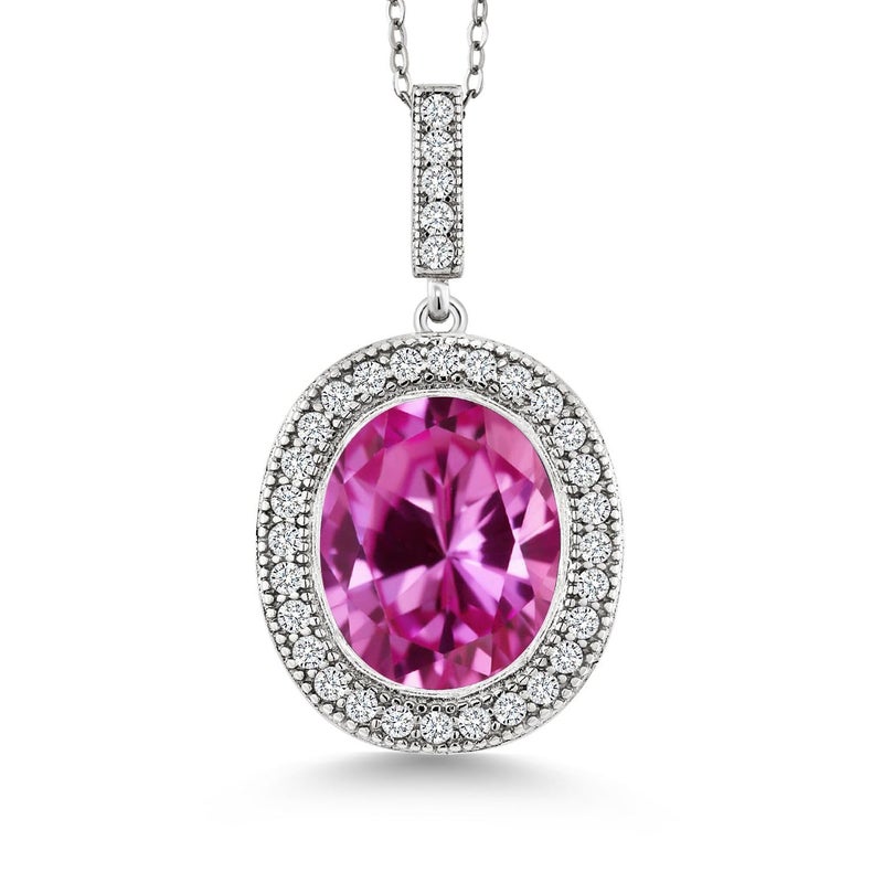 Gem Stone King 925 Sterling Silver Oval Gemstone Birthstone Halo Necklace For Women | Oval 12X10MM | Halo Pendant Necklace for Women | With 18 Inch Silver Chain - Image 1